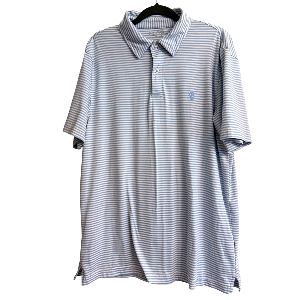 IZOD Golf Medium Blue White Striped Short Sleeve Polo Shirt Stretch Logo Preppy